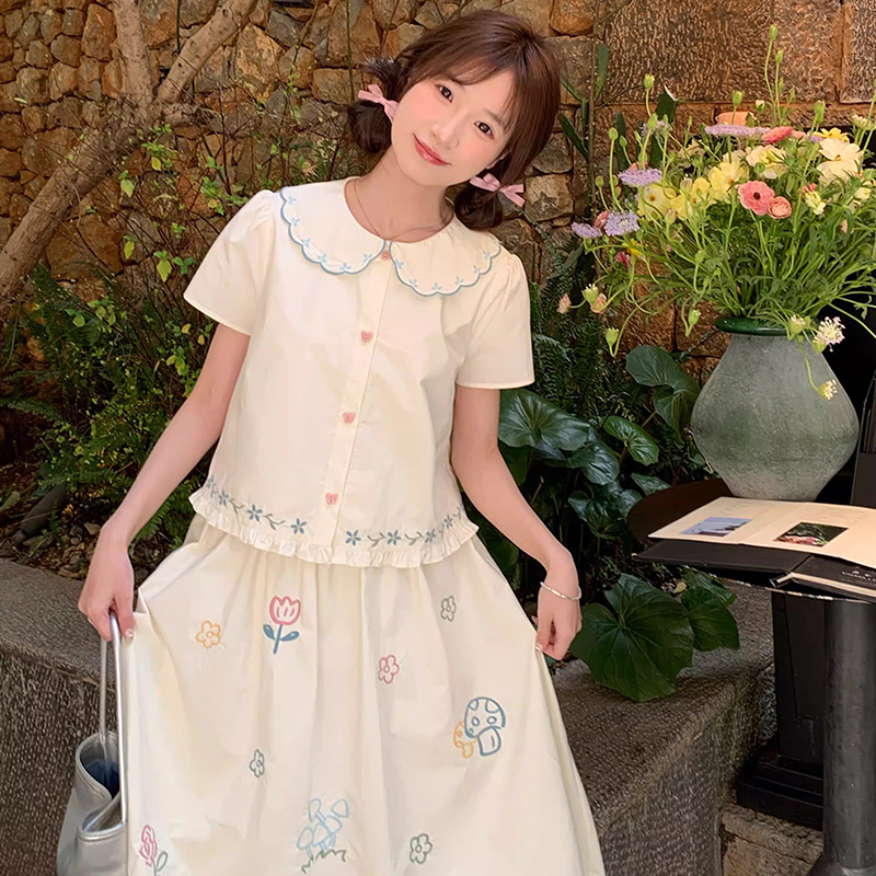 甜美童趣手绘绣花半身裙两件套夏季新款娃娃领短袖衬衫A字裙套装