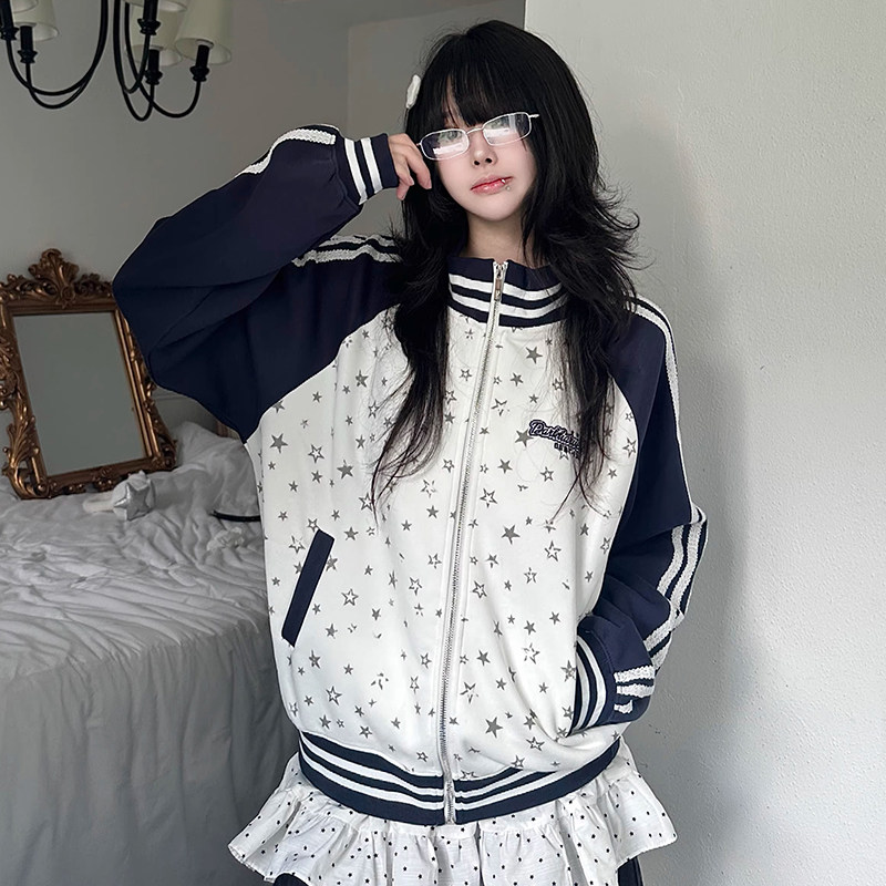 少女春秋季新款星星印花拼接撞色棒球服外套女宽松百搭夹克上衣潮