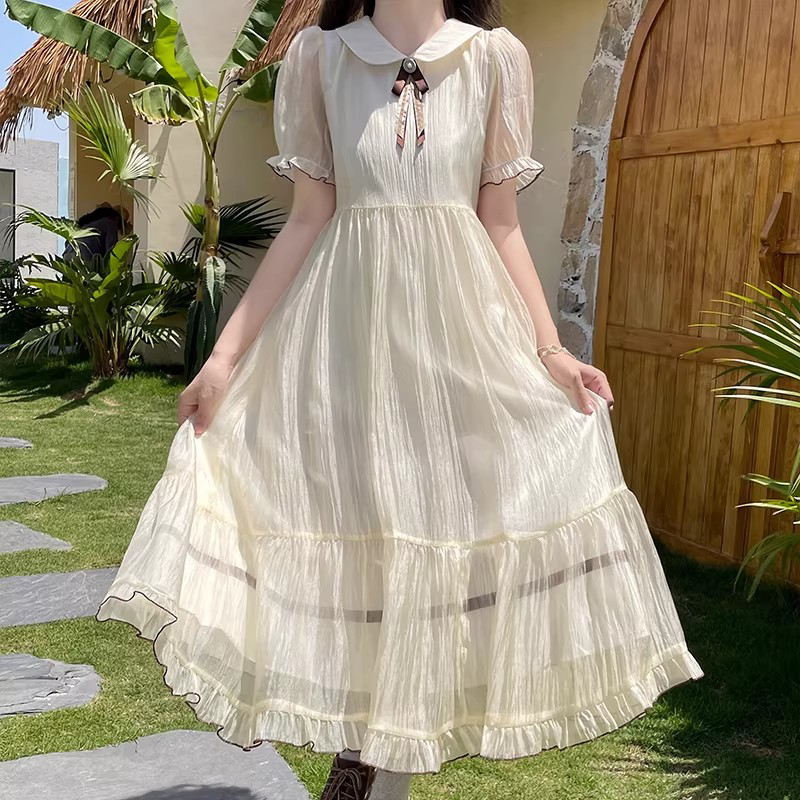 少女连衣裙夏季新款小清新初中高中学生娃娃领学院风显瘦收腰长裙