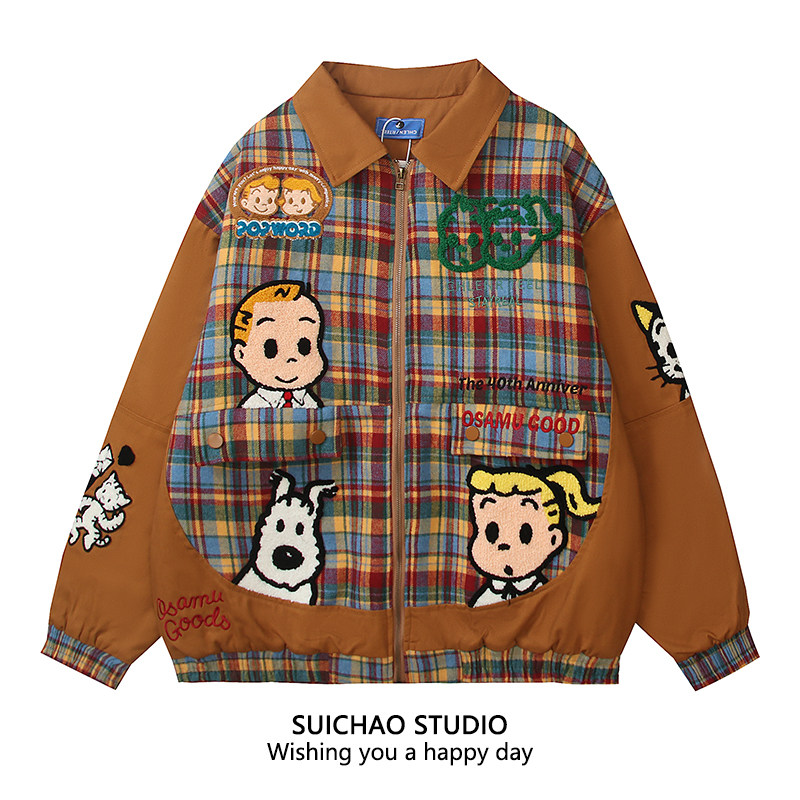 SUICHAO 美式复古卡通植绒拼接格子夹克棉服冬季保暖宽松情侣外套,男装,夹克,淘宝优惠券,粉丝福利购,淘宝优惠卷