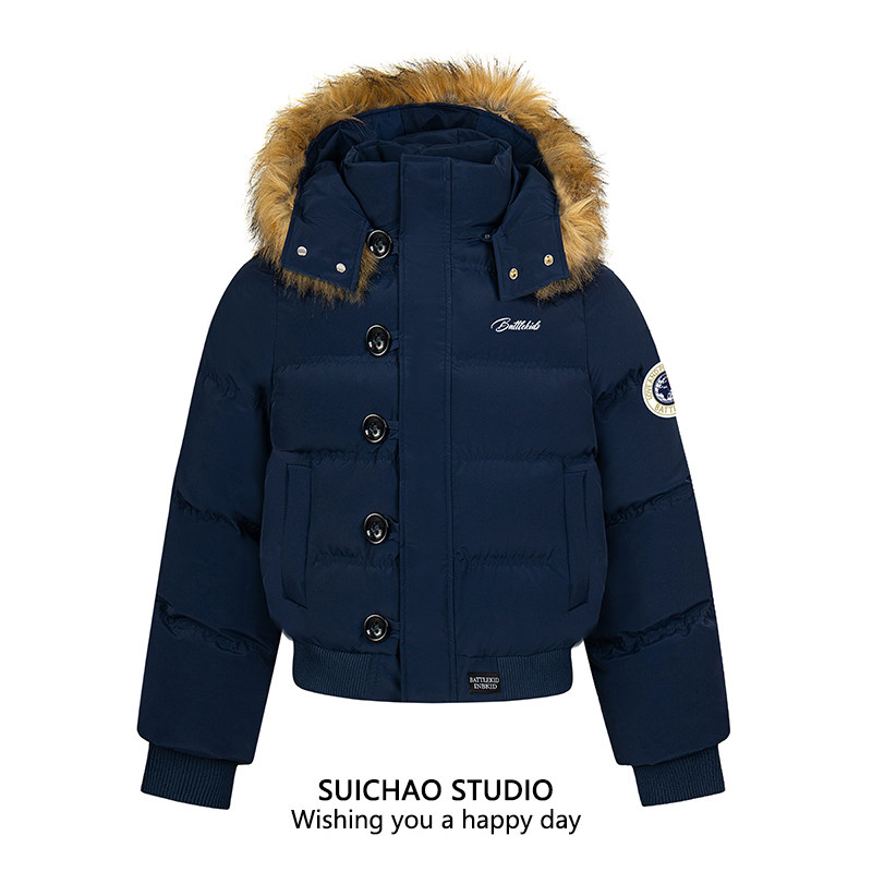 SUICHAO 美式短款皮草连帽羽绒棉服收腰显瘦高级感大毛领复古外套