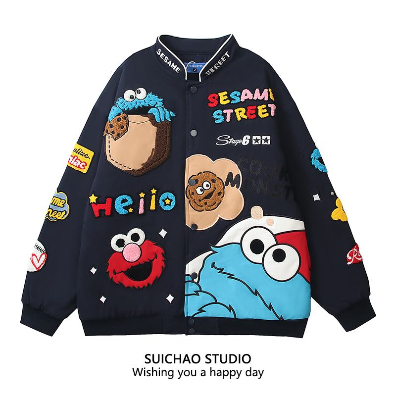 美式复古卡通芝麻街棒球服棉服