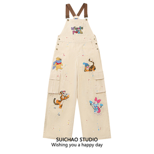 女高腰显瘦直筒休闲连体长裤 SUICHAO 韩系减龄小熊维尼牛仔背带裤