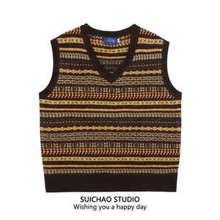 SUICHAO美式复古条纹提花V领马甲毛衣男女古着修身显瘦针织衫上衣