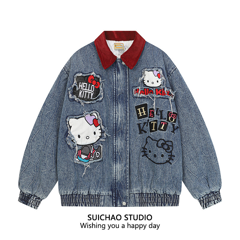 SUICHAO 美式复古风卡通KT猫刺绣拼接牛仔夹克棉服男保暖夹克外套