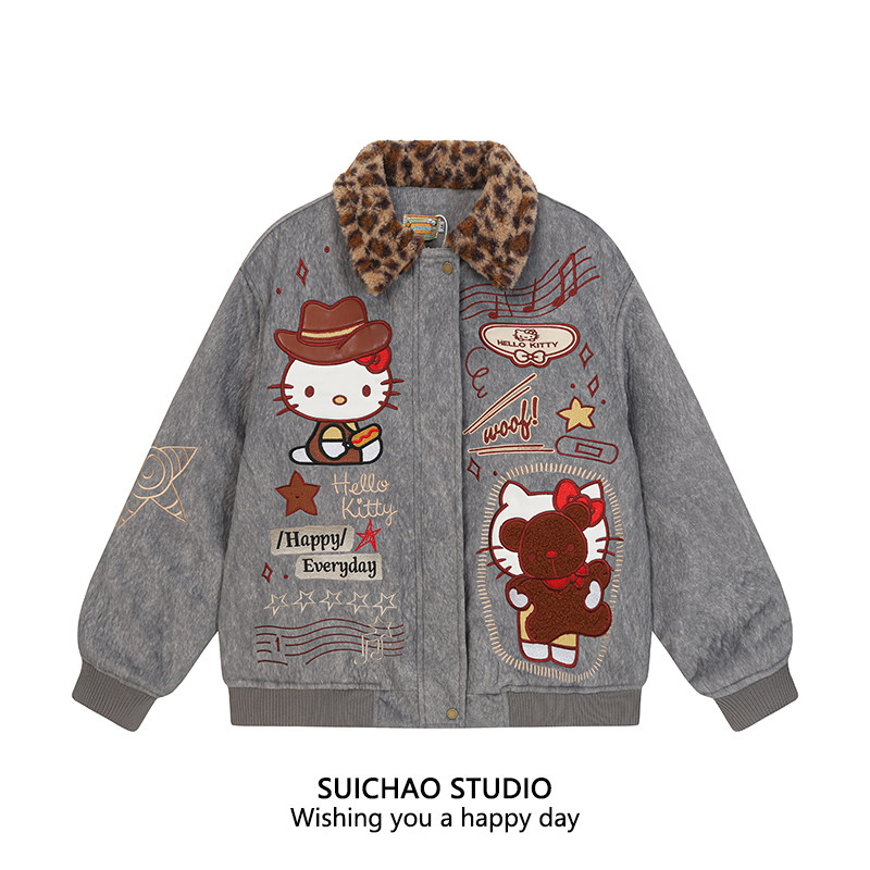 SUICHAO 美式复古卡通重磅刺绣KT猫豹纹翻领夹克棉服休闲情侣外套,男装,夹克,淘宝优惠券,粉丝福利购,淘宝优惠卷