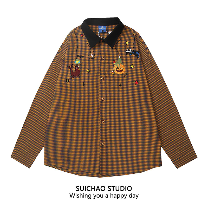 SUICHAO 美式古着风刺绣格子长袖衬衫男女小众设计感宽松休闲衬衣
