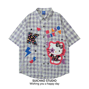 SUICHAO 日系复古条纹格子卡通刺绣短袖衬衫男女学生宽松百搭上衣