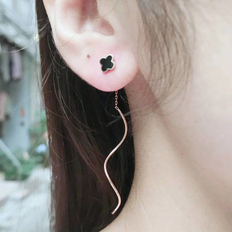 四叶草彩金耳线2021年新款潮流苏耳坠18k耳饰高级感玫瑰纯金耳环