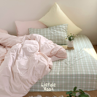 频繁热爱 【海风图书馆】原创绿色格纹床上四件套纯棉全棉ins清新