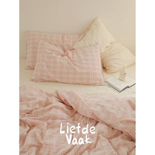 频繁热爱【格雷粉】泡泡纱全棉四件套色织格纹日系纯棉床品