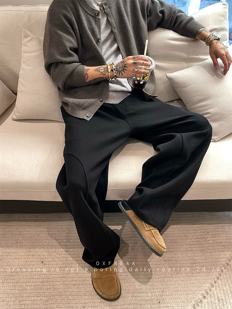 OXFREAK 「立体剪裁 内收单褶」重磅针织休闲裤男宽松灰色弯刀裤