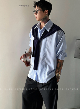 OXFREAK 「可拆卸披肩」蓝条纹长袖衬衫男设计感小众宽松廓形衬衫