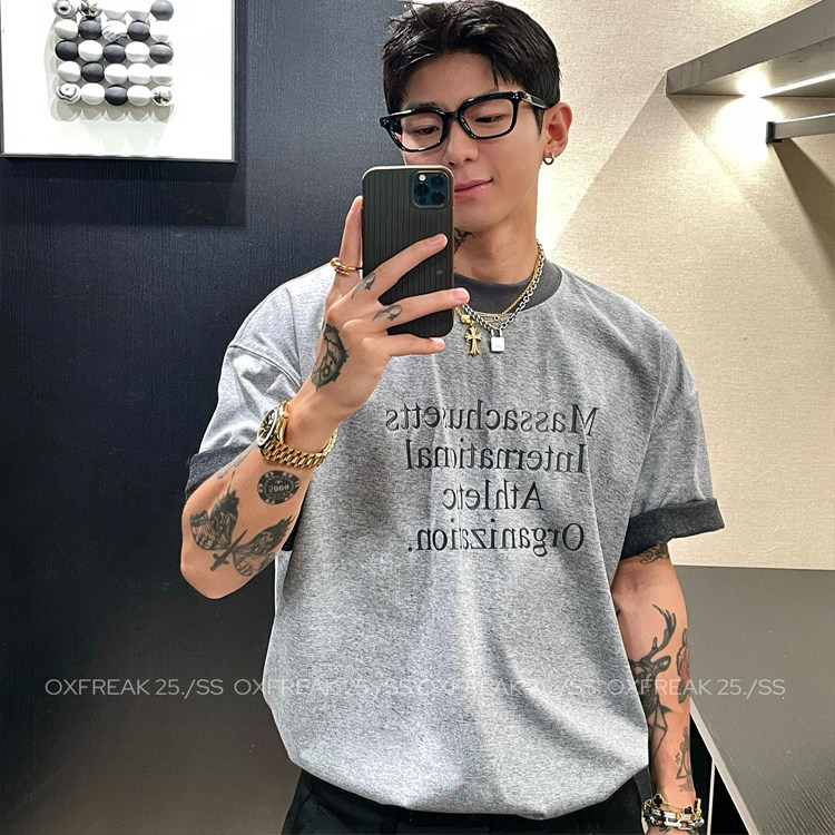 OXFREAK「拼色字母印花」水洗重磅假两件短袖t恤男圆领宽松半截袖 - 实物图