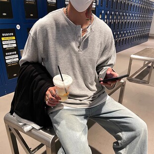 OXFREAK褶皱肌理亨利领长袖T恤 棉质休闲潮男春季打底衫 OXKK-008