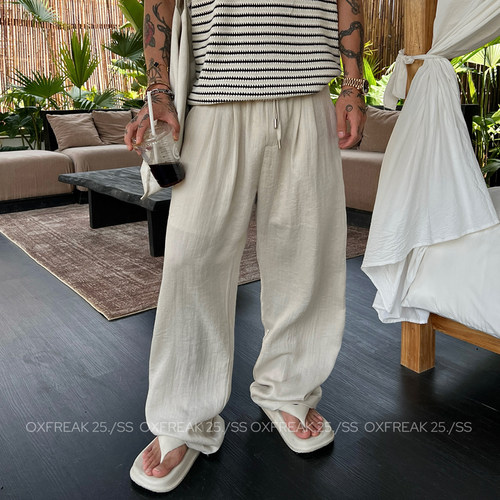 OXFREAK「亚麻天丝混纺」老钱休闲裤男夏季薄款直筒宽松垂感裤子