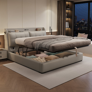 多功能头层牛皮床新款 现代简约主卧1.8m平移高箱储物床实木婚床