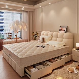 现代简约奶油风网红泡芙床2026年新款 高端大气1.8米双人储物大床