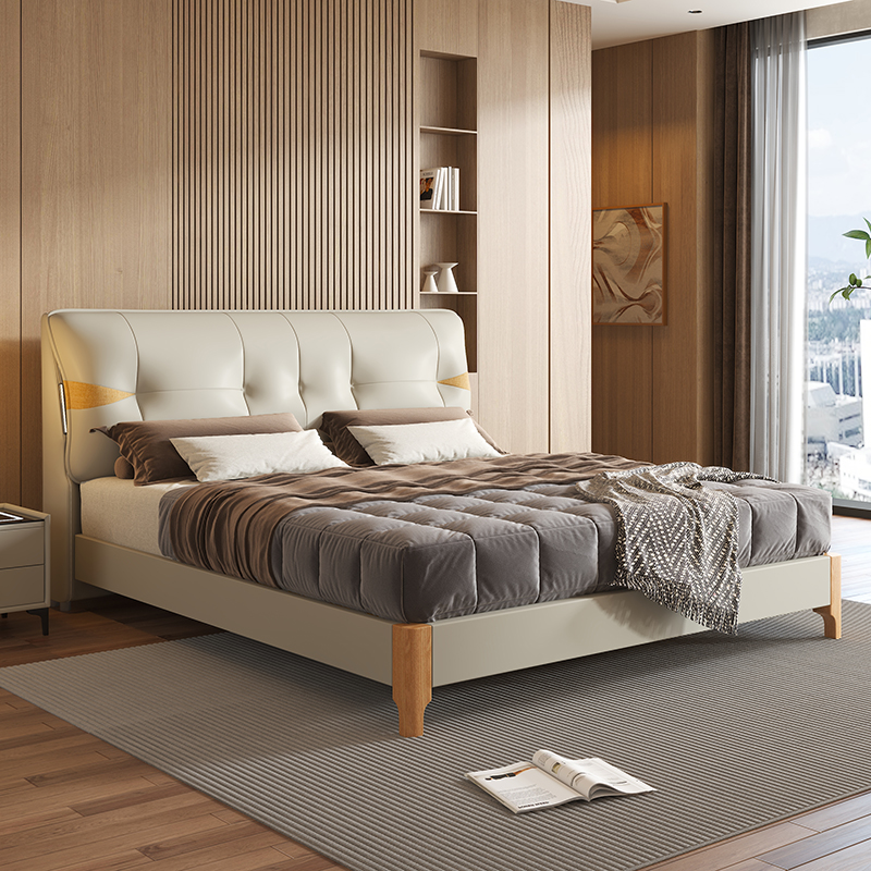 意式轻奢皮床现代简约家用主卧1.8米双人大床轻奢大气软包实木床