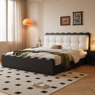法式复古黑色泡芙床云朵主卧真皮床现代简约涟漪床网红软包双人床