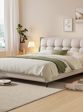 意式轻奢皮艺床主卧现代简约1.8米床实木婚床软包真皮床极简储物