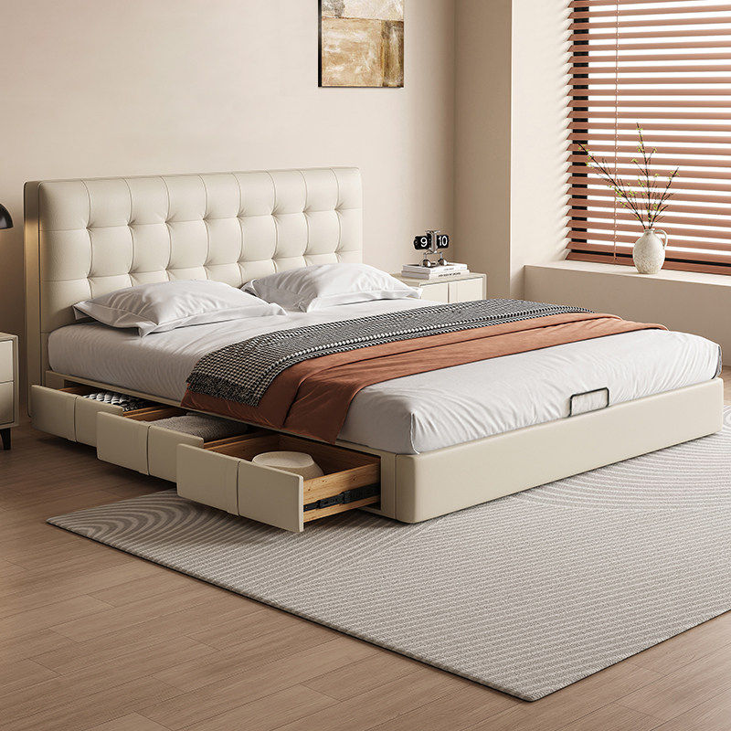 现代简约奶油风华夫格真皮床高端大气1.8米双人主卧储物软包大床