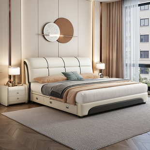 真皮床现代简约1.8米主卧室储物高端大气轻奢婚床实木双人布艺床