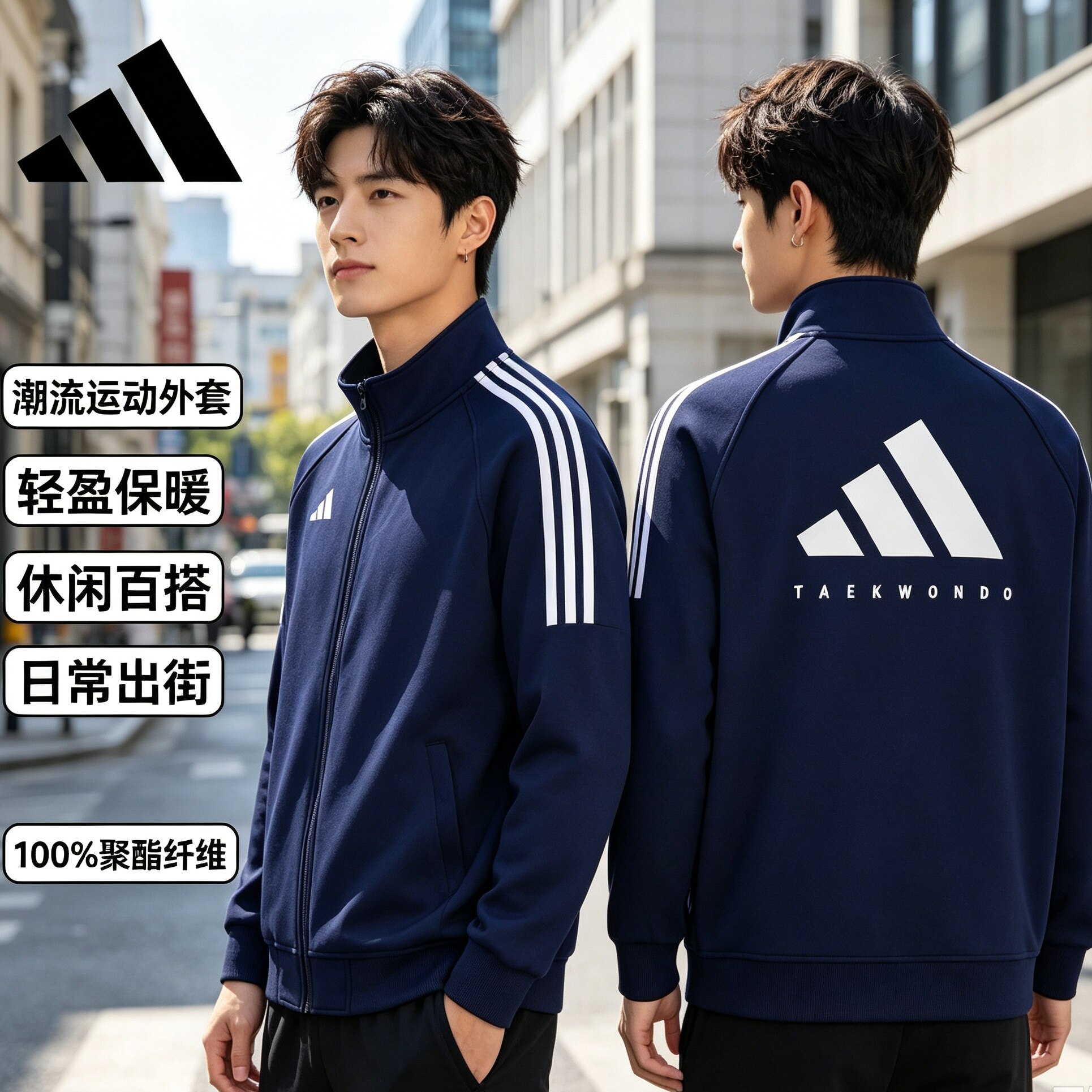 Adidas阿迪达斯运动夹克男休闲风立领拉链长袖外套深蓝色防风