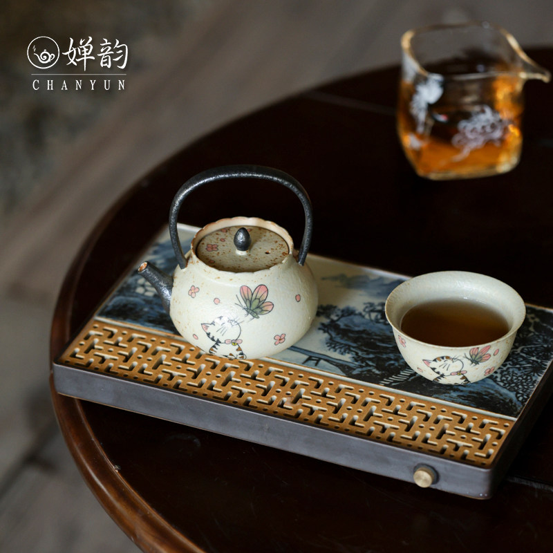 婵韵斋居猫咪玩耍戏蝶茶壶茶杯单个提梁壶泡茶壶复古做旧家用茶具,餐饮具,茶壶,淘宝优惠券,粉丝福利购,淘宝优惠卷