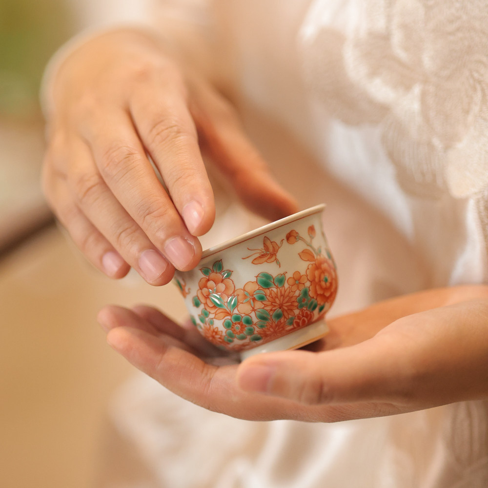 婵韵翁宿茶具青花斗彩红绿彩蝶恋花炉式杯蝴蝶牡丹主人杯品茗茶杯