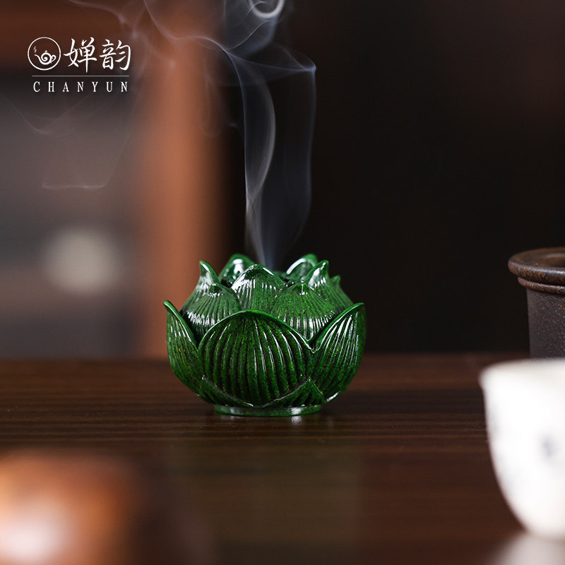 婵韵中式复古铜器黄铜绿色莲台莲花香炉焚香炉香薰炉茶桌香器摆件