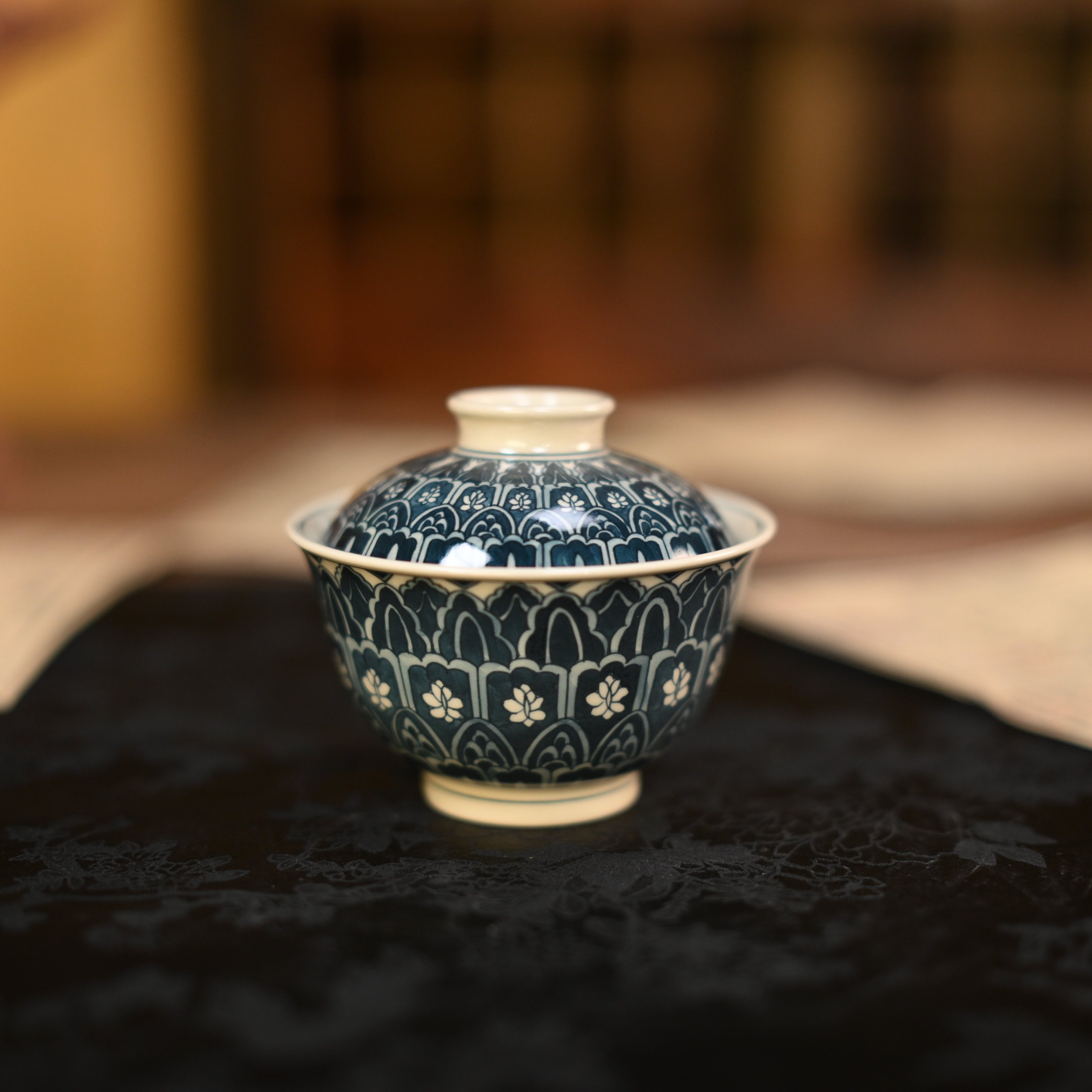 墨冉青花茶具满绘曼陀罗花盖碗