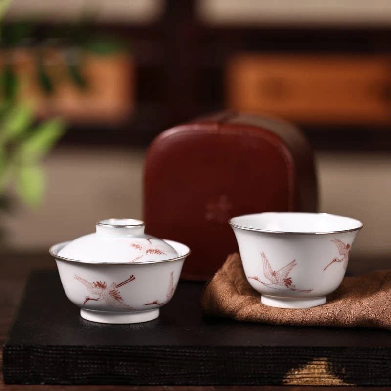 云由山坊茶具釉里红瑞鹤盖碗茶杯