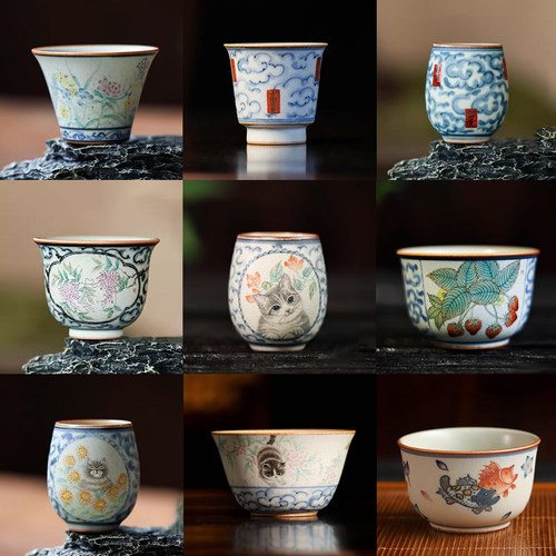 婵韵朴云堂茶杯祥云牡丹缠枝莲腰鼓杯手绘青花斗彩主人杯家用茶具