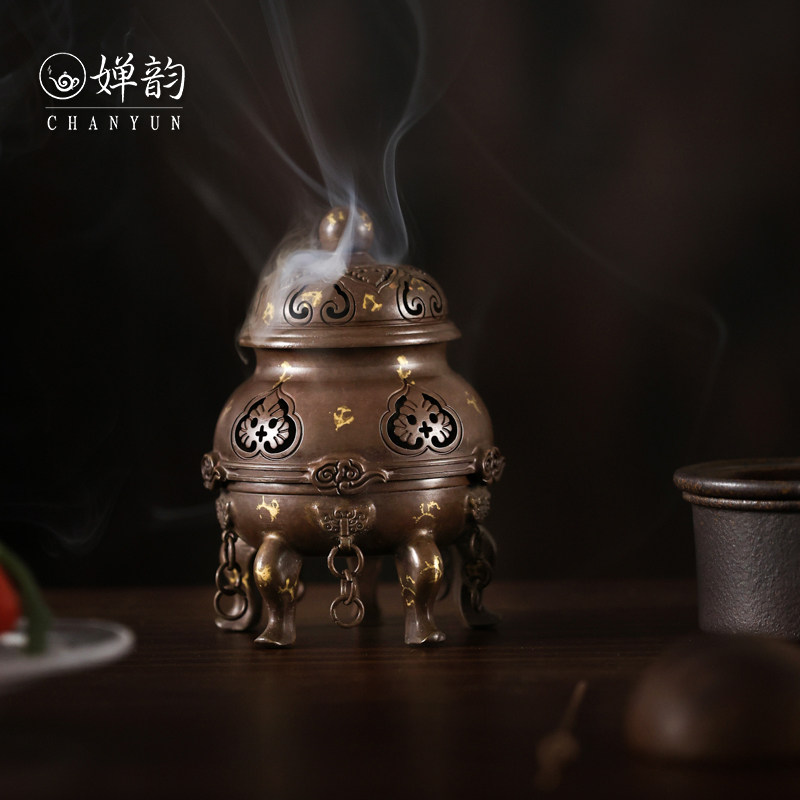婵韵中式复古黄铜五足点金香炉