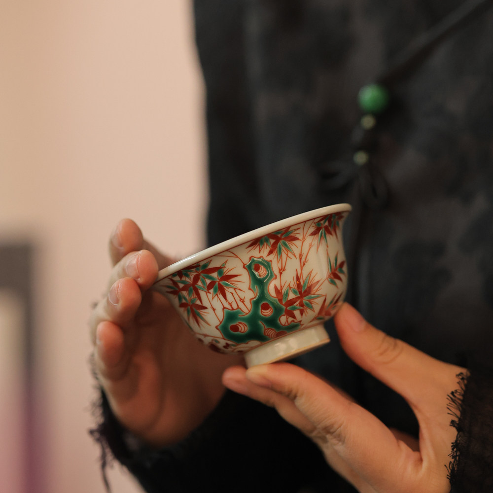 翁宿茶具红绿彩太极熊猫压手杯