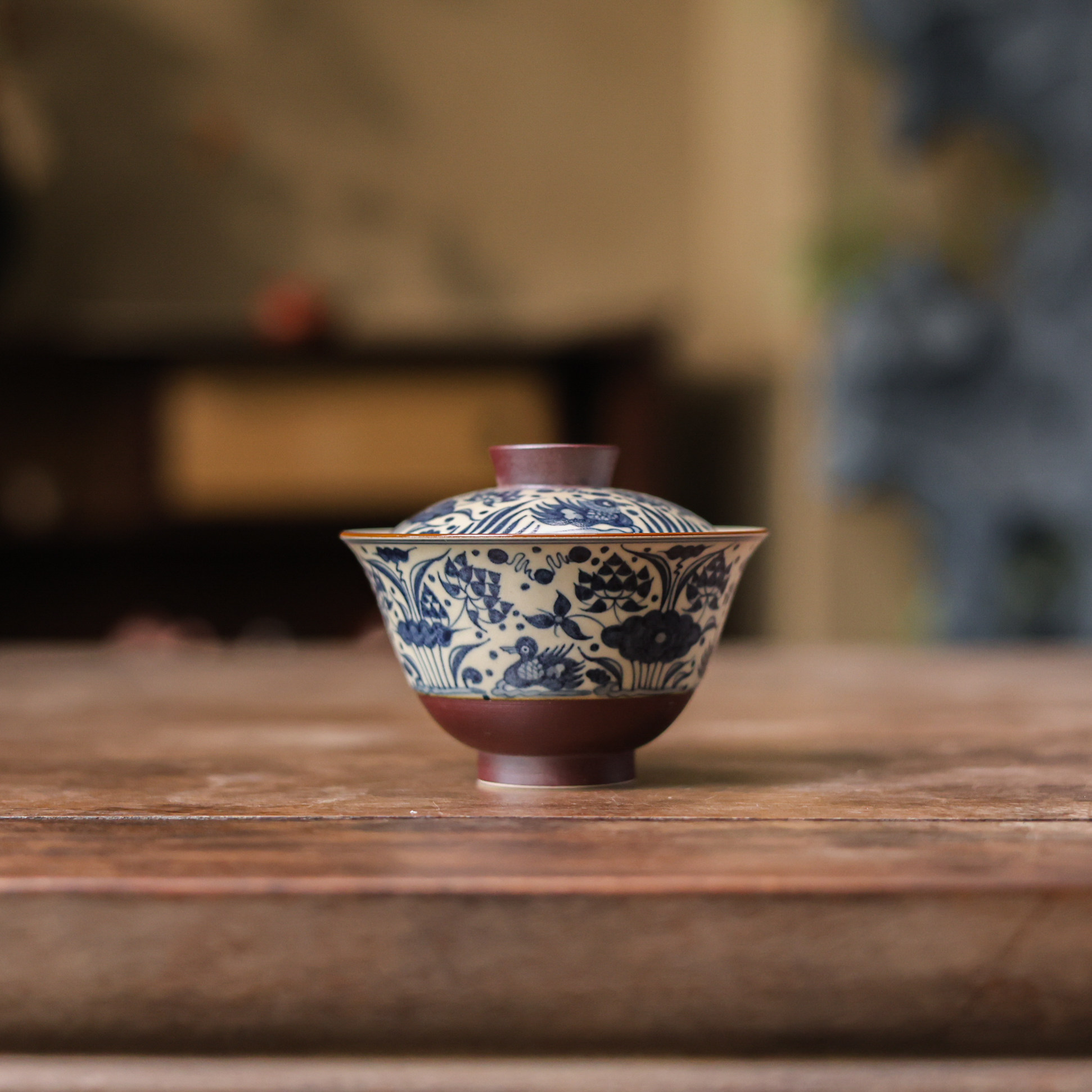 拙溪茶具抱素鸳鸯戏水盖碗茶杯