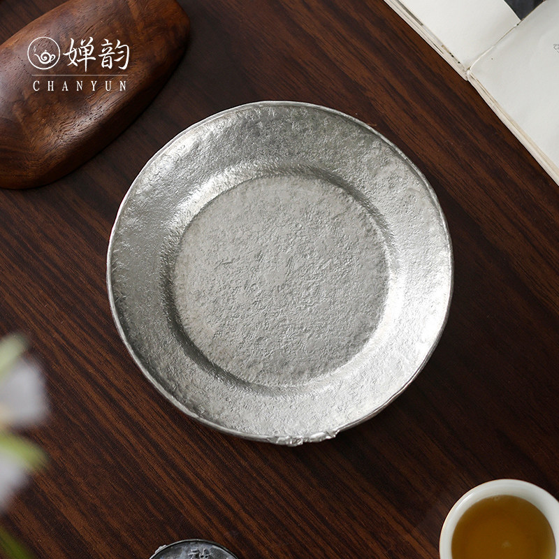婵韵五福铜器手工锻造圆形锡盘壶承茶承干泡盘复古家用茶具配件
