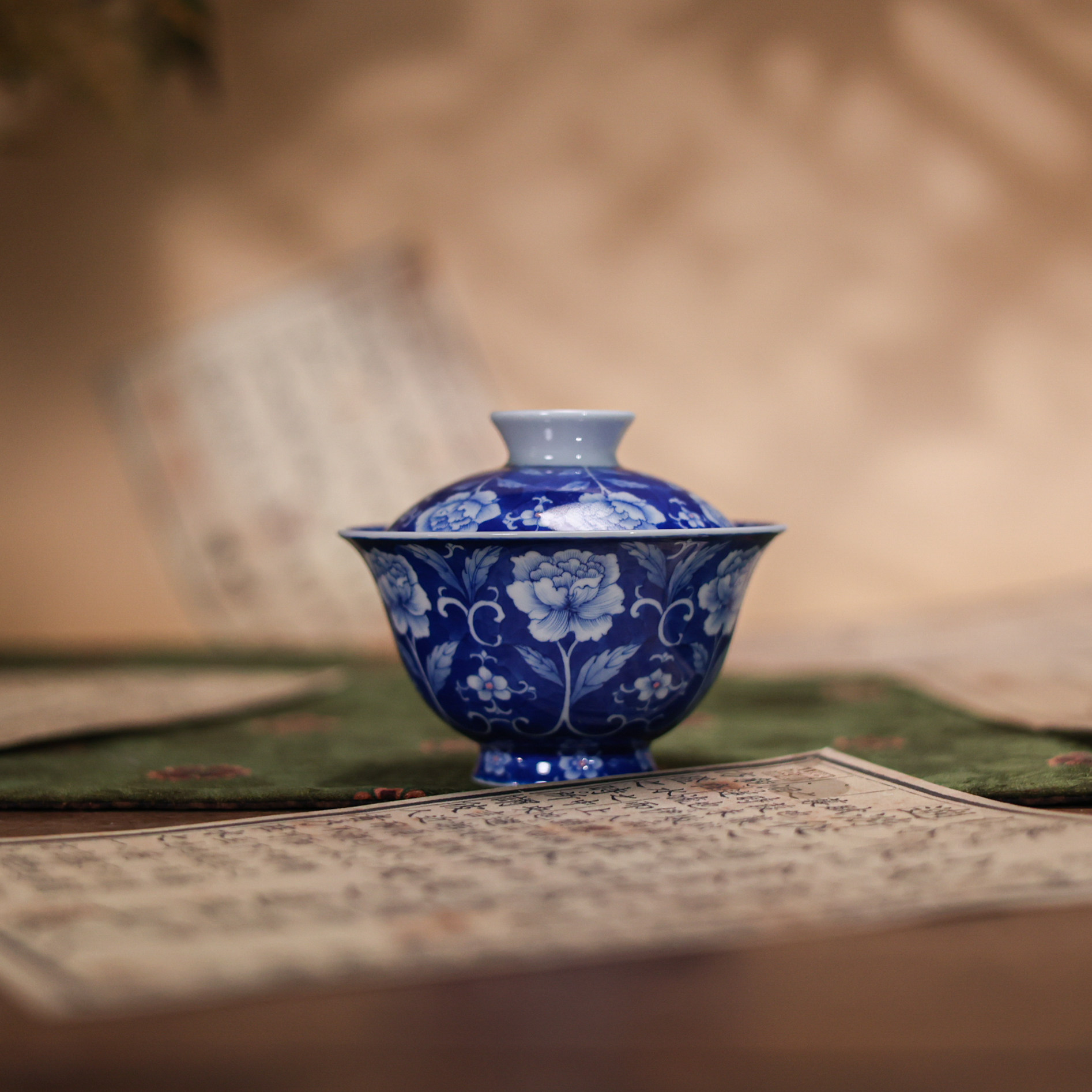 婵韵青樵轩茶具蓝底蓝韵玫瑰盖碗茶杯壶承单个手绘复古景德镇茶具