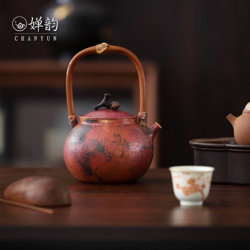 五福铜器茶具藤条紫铜注水提梁壶
