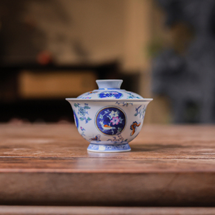 婵韵 卓君茶具青花斗彩春意蝴蝶团扇盖碗单个手绘复古家用茶盖碗