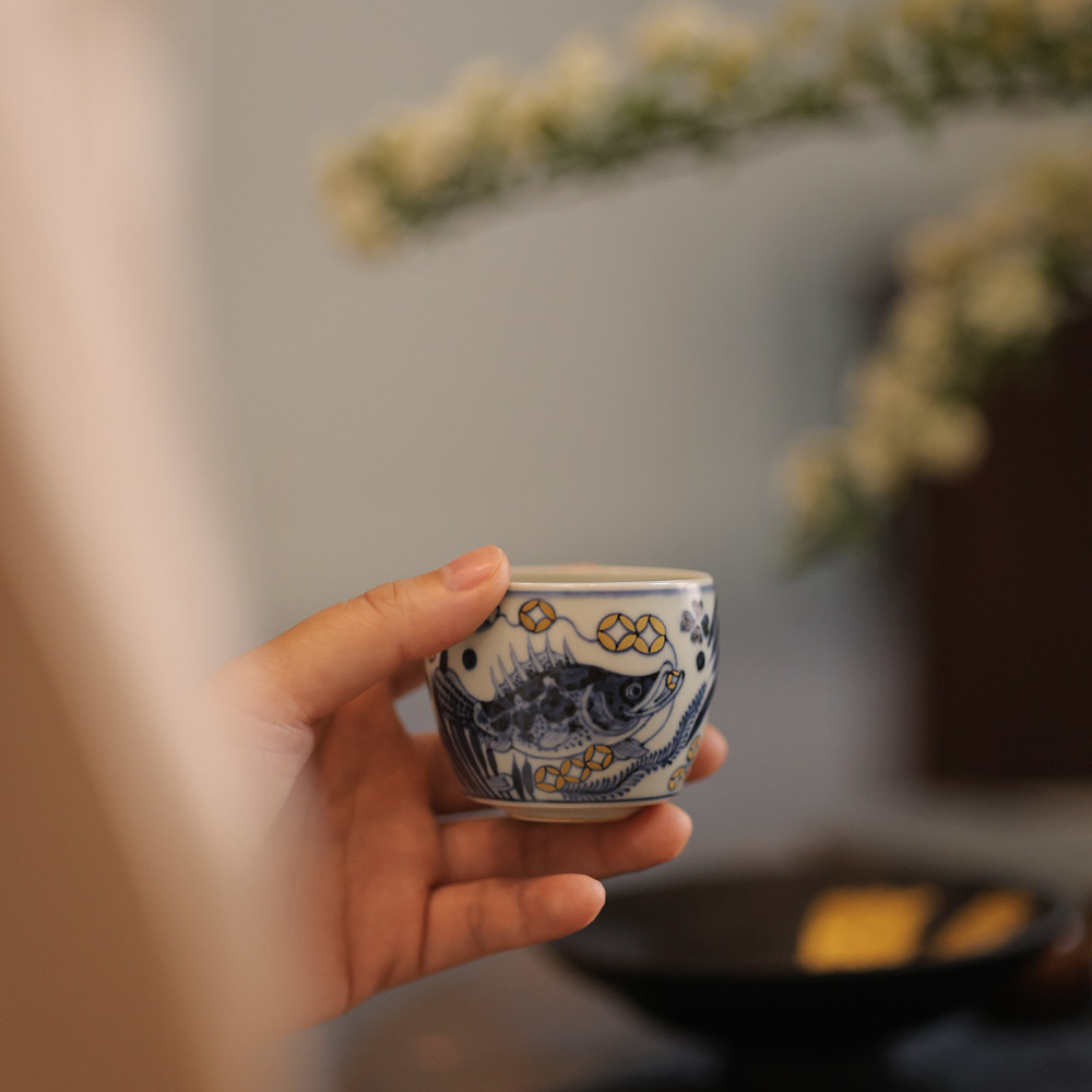 婵韵翁宿茶具茶杯青花金钱鳜鱼杯