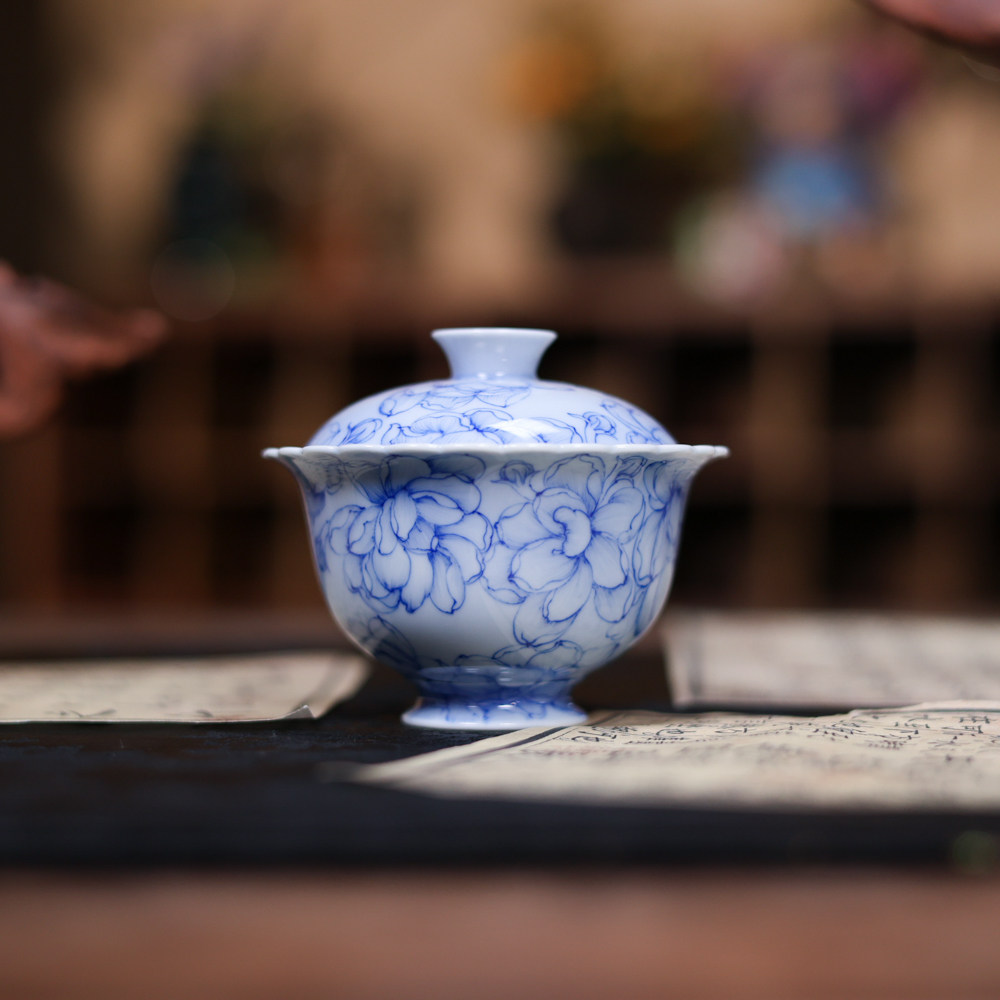 青樵轩青花栀子花开花口盖碗茶杯