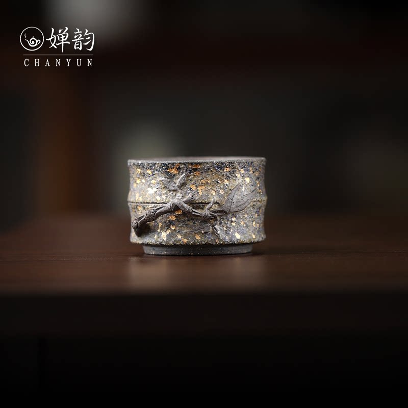 高越岩矿茶具蓝金竹子竹节杯