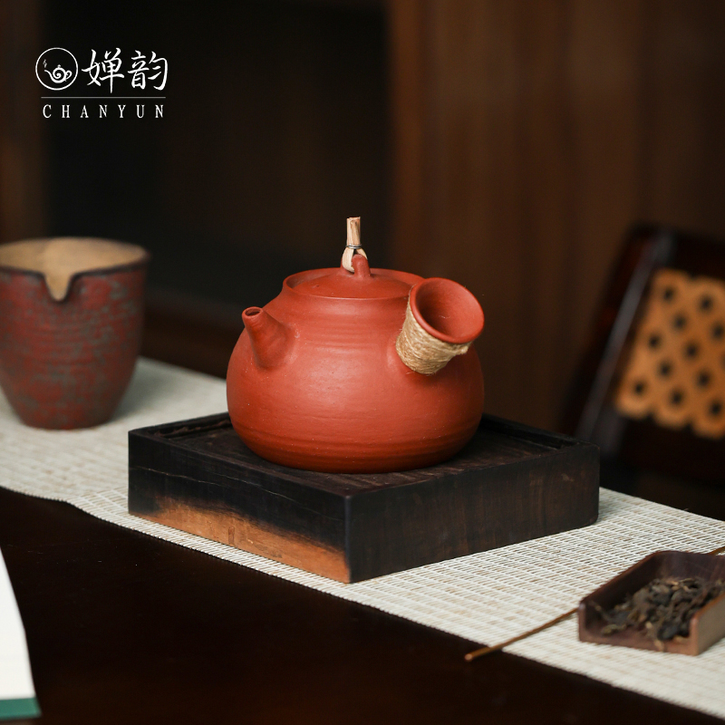 半斋茶壶紫砂红泥粉引清风侧把壶