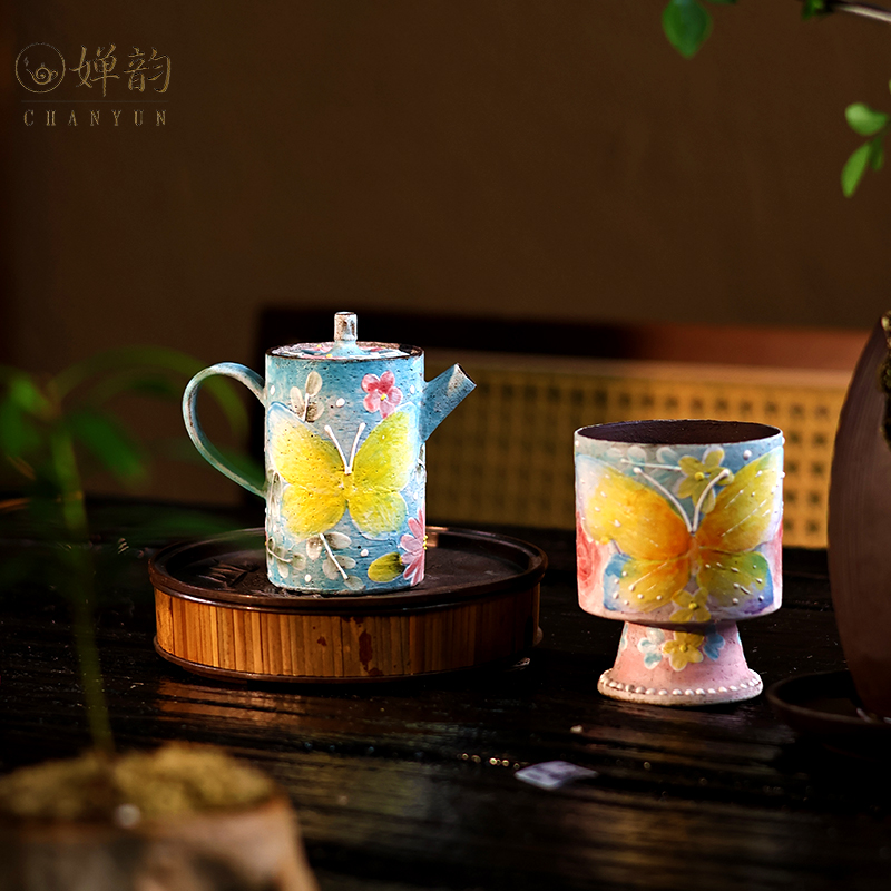 婵韵洞尚造物粉蓝蝴蝶蝶恋花茶壶
