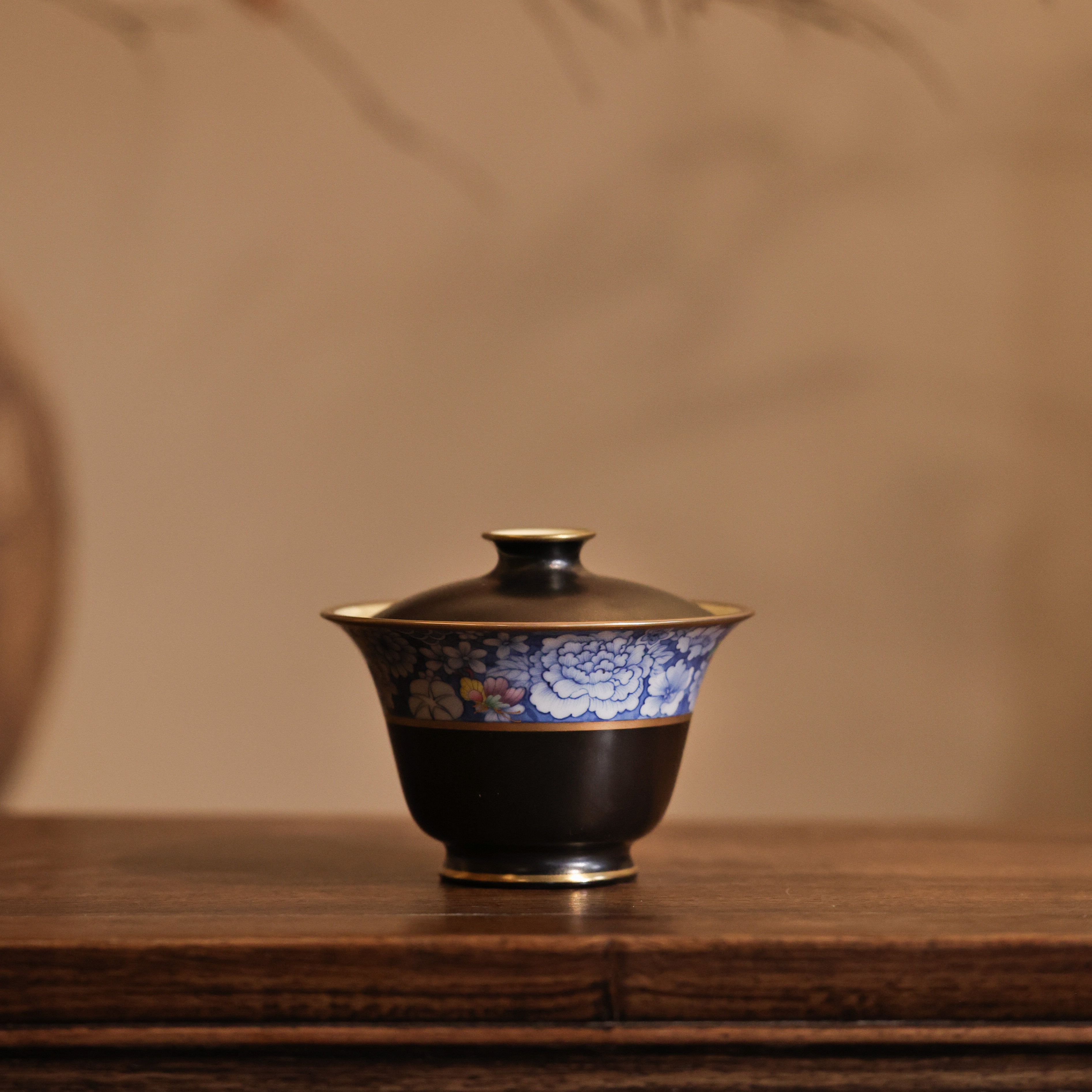 华隐堂茶具玄黑色蝴蝶万花盖碗
