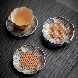 婵韵合金竹编花口梅花莲花杯垫茶托杯托防滑垫隔热垫家用茶具配件