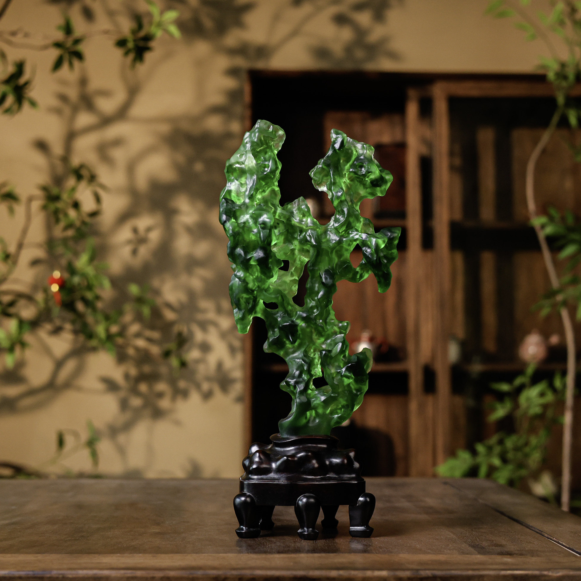 婵韵 心缘堂琉璃疏影青石粉彩绿太石湖茶桌摆件茶具配件小田甄选