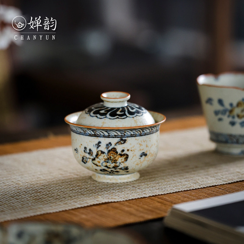 婵韵熹谷言物焦糖山茶花元宝盖碗壶承茶杯单个复古家用茶盖碗茶具